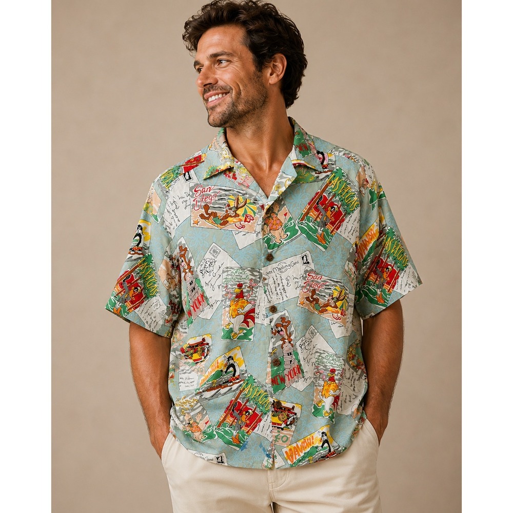 Reyn Spooner Mens Shirt L Blue Looney Tunes Postcard Hawaiian Aloha Button Down